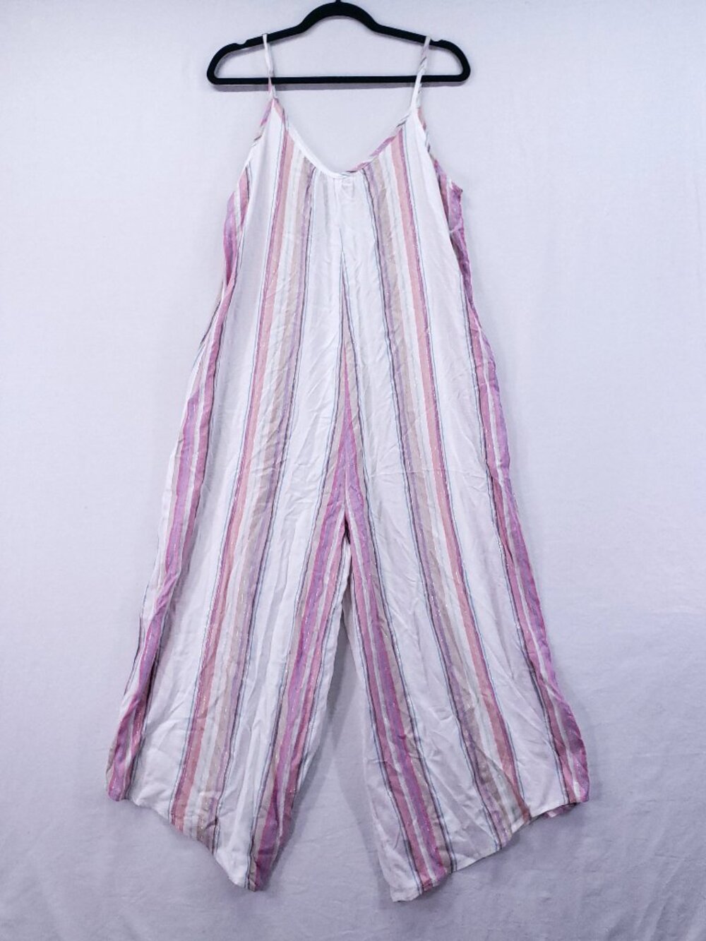 En Crème Anthropologie Jumpsuit Wide Leg Beach Boho Striped Metallic
